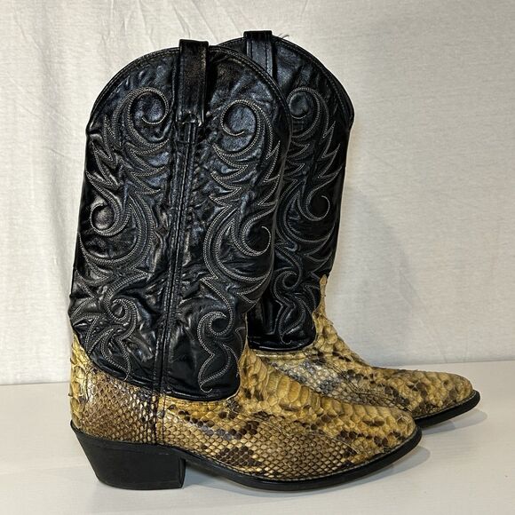 Acme Cowboy Boots Python Snake Skin Leather Men’s 8D Western Black Tan - Picture 1 of 8